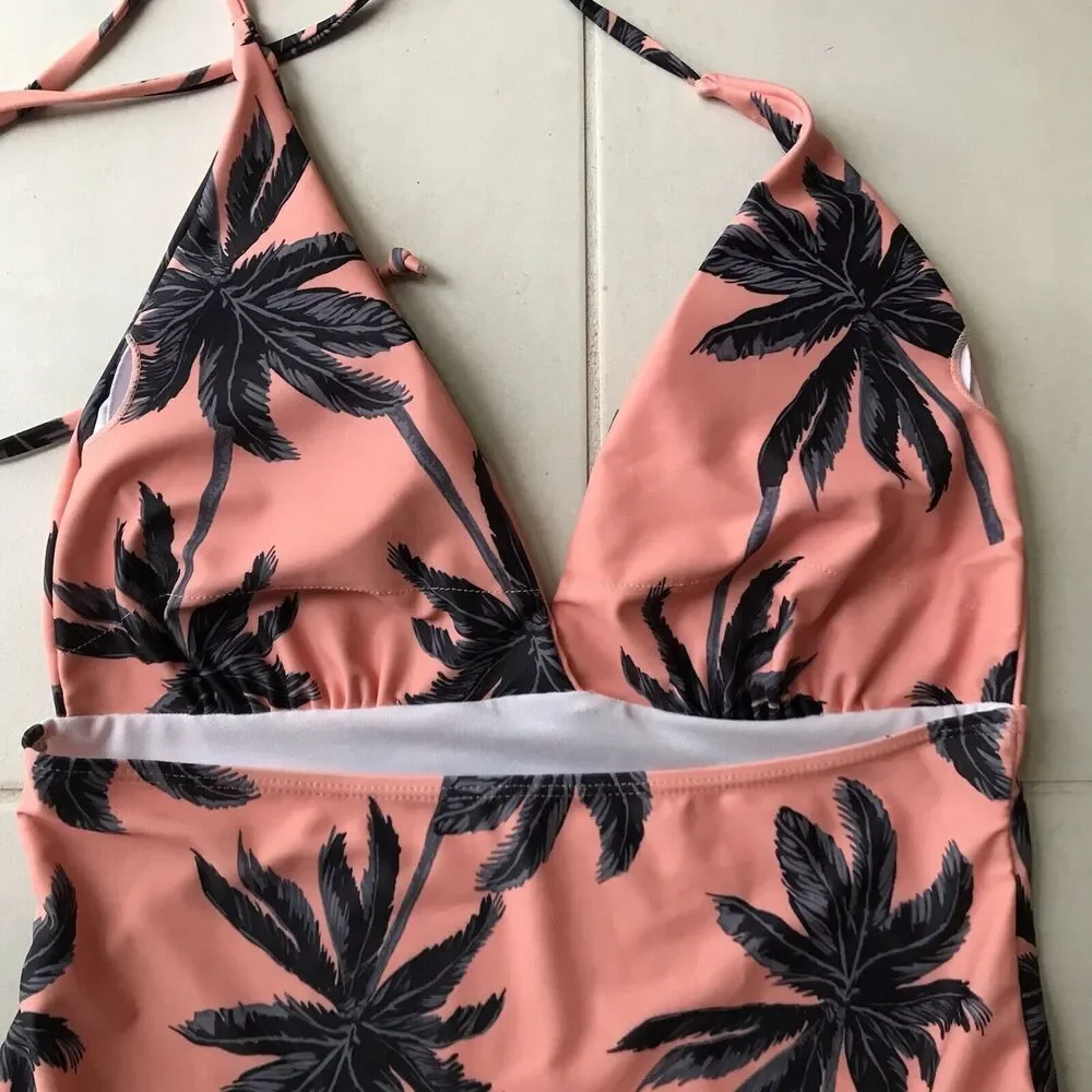 Shein One Piece Swimsuit Tropical Print Plunge Halter Neck Swimwear